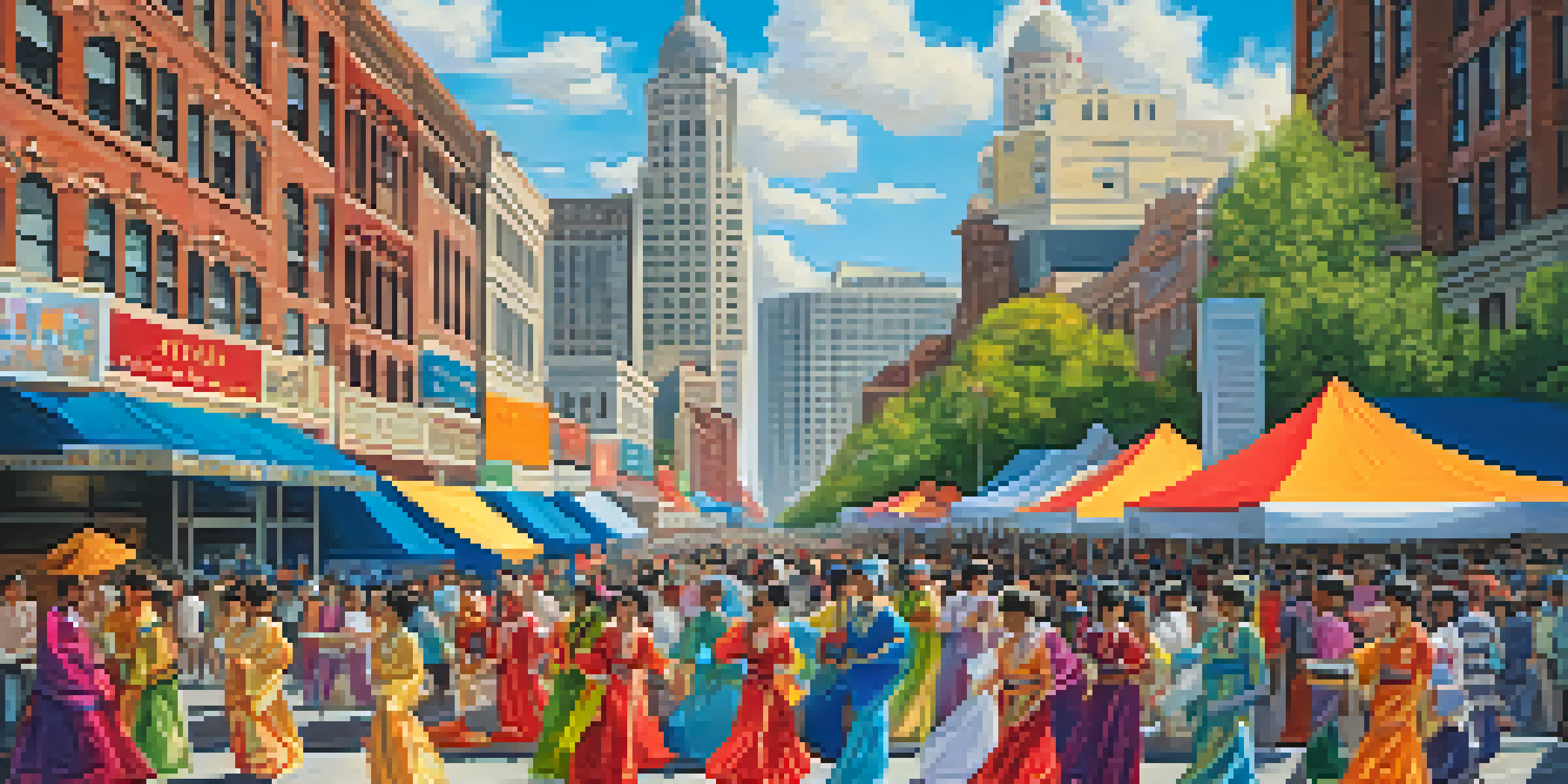 A lively street festival in Detroit featuring people in traditional costumes and a backdrop of the city skyline, celebrating Asian Pacific American heritage.