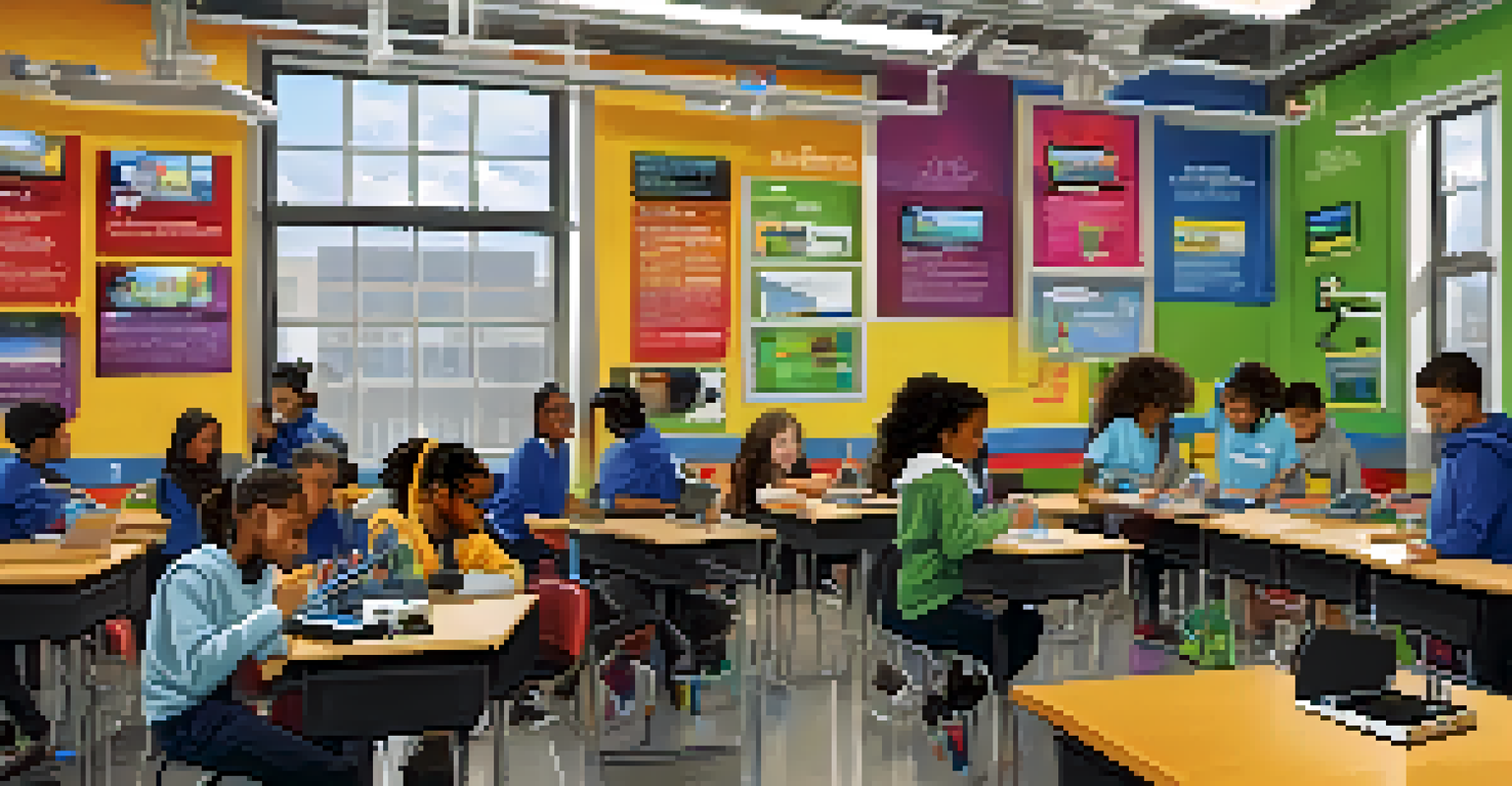 Students in a STEM classroom collaborating on a robotics project, surrounded by high-tech equipment and colorful educational materials.