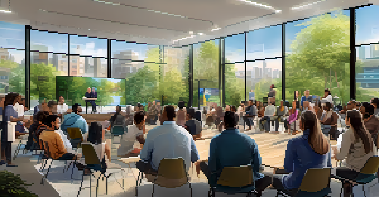 A diverse group of residents participating in a community meeting about urban development in a modern space.