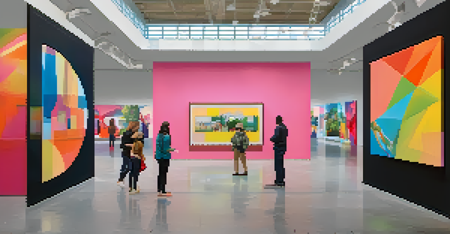 Inside a contemporary art museum in Detroit, visitors interact with an exhibit enhanced by augmented reality, surrounded by vibrant artworks and natural light.