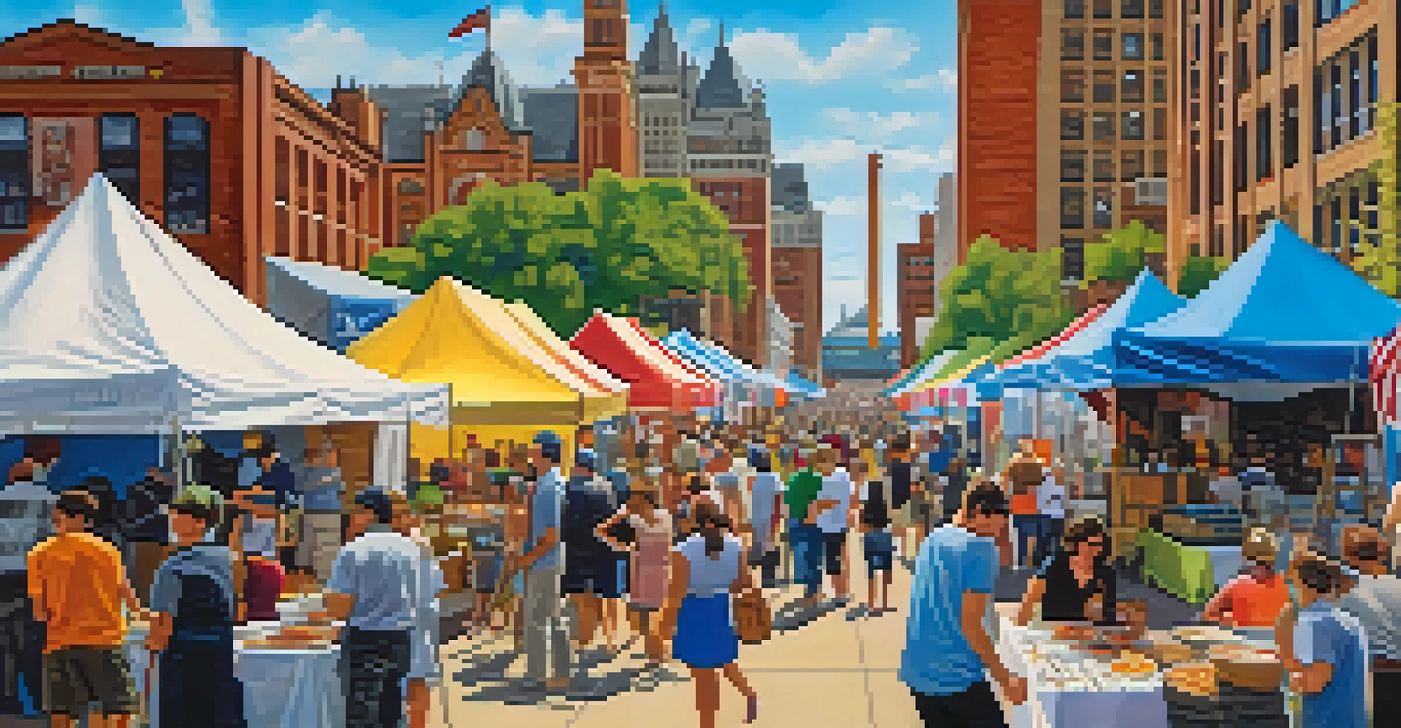 An outdoor art festival in Detroit with artists showcasing their work and attendees exploring the vibrant atmosphere.