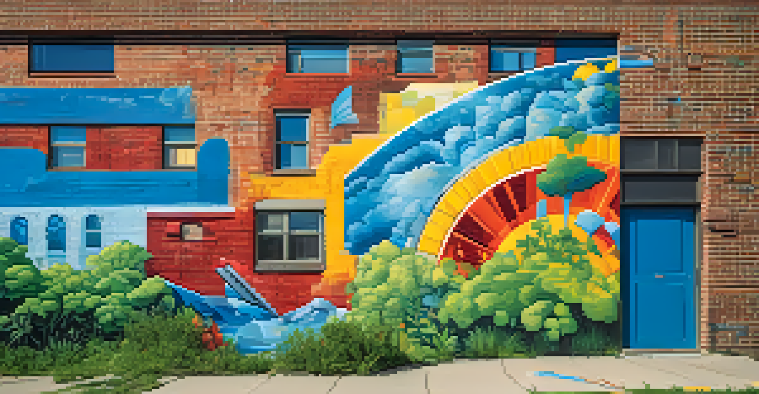 A colorful mural on a brick wall in Detroit, showcasing themes of resilience and community, surrounded by greenery.