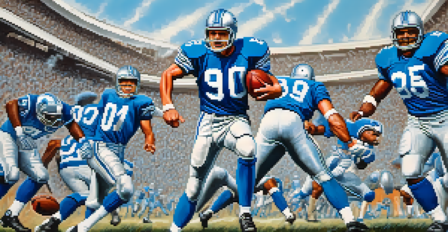 A nostalgic montage of iconic moments in Detroit Lions history, featuring legendary players and celebrating fans against a faded blue background.