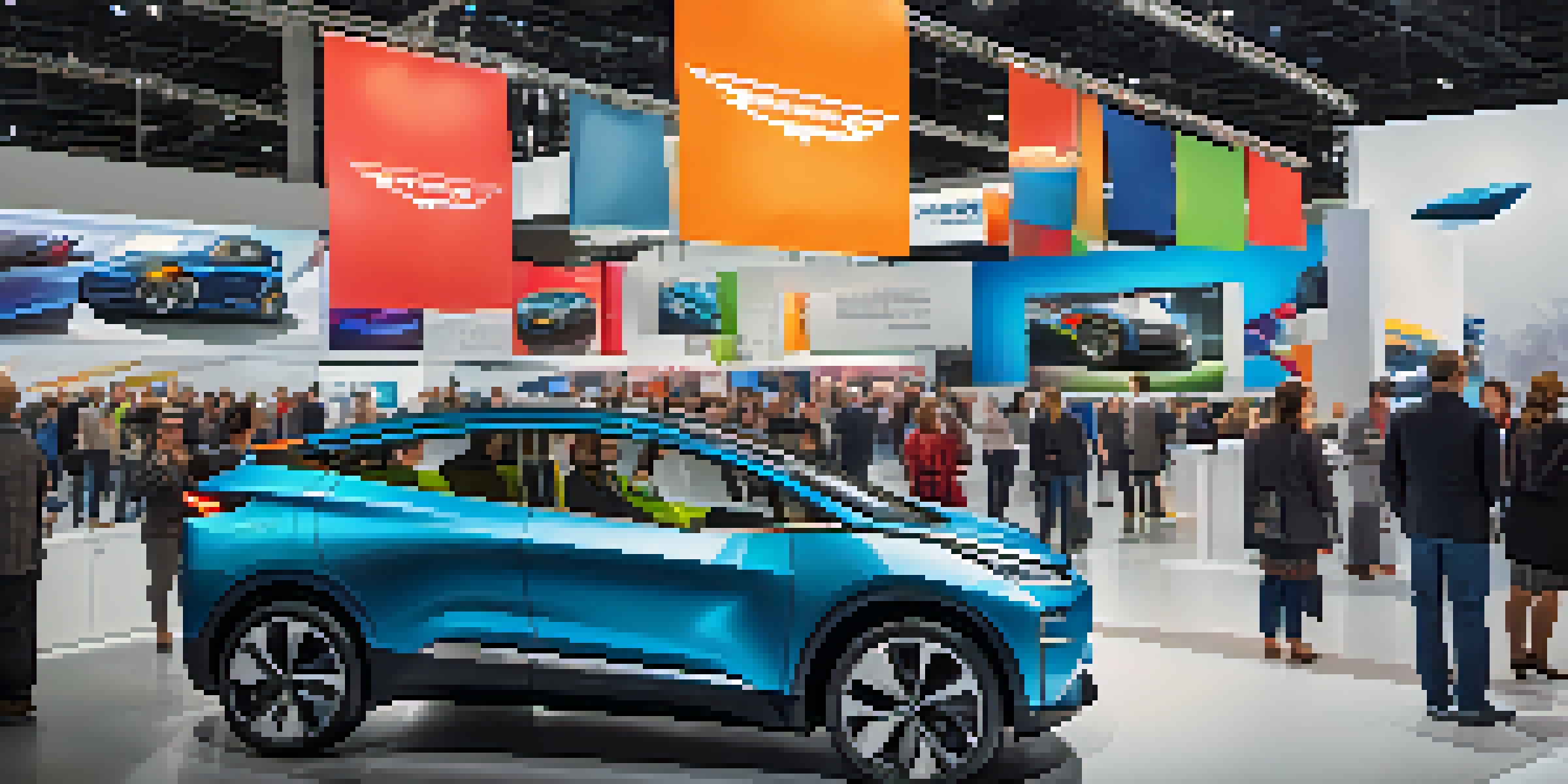 A busy auto show with a modern electric vehicle on display, surrounded by enthusiastic attendees and colorful banners.