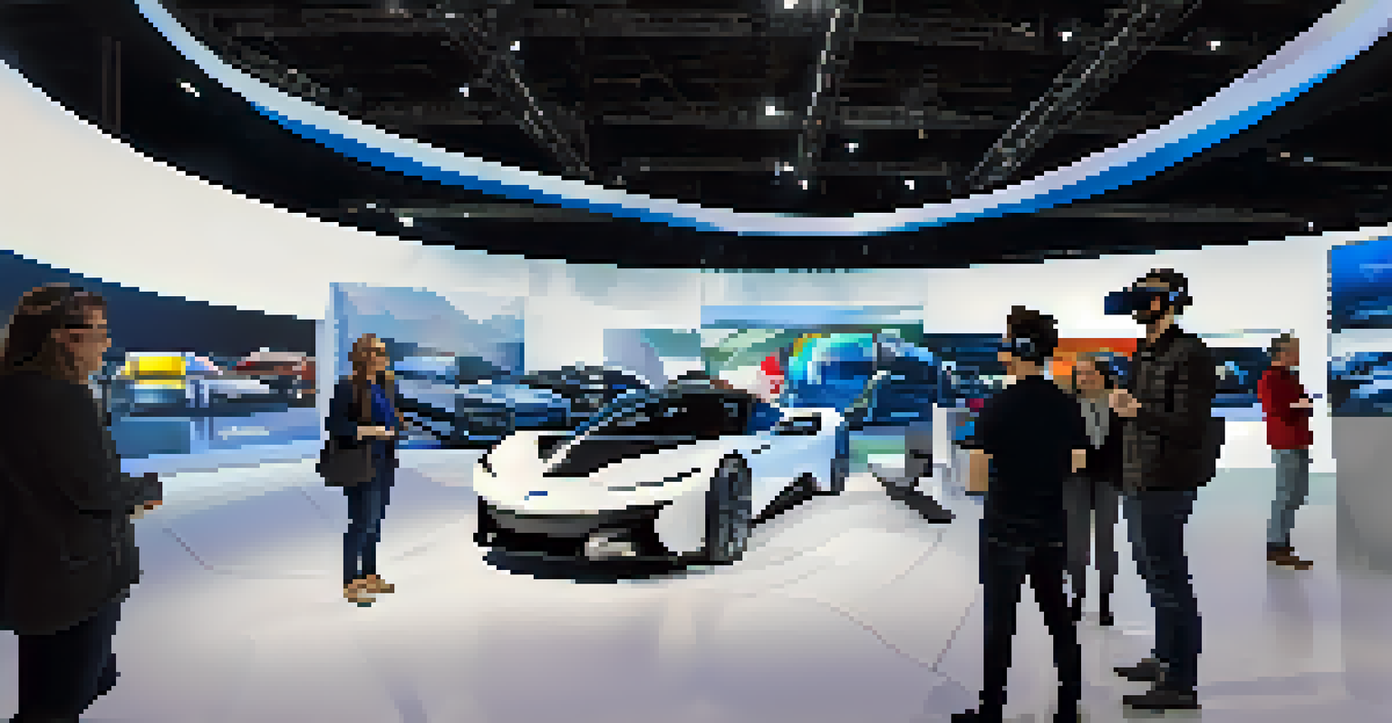 Attendees participating in a virtual reality driving experience at an auto show, with bright lights and screens in the background.