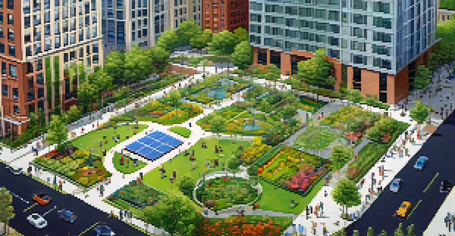 An aerial view of a green urban park in Detroit with gardens, playgrounds, and families enjoying the outdoors.