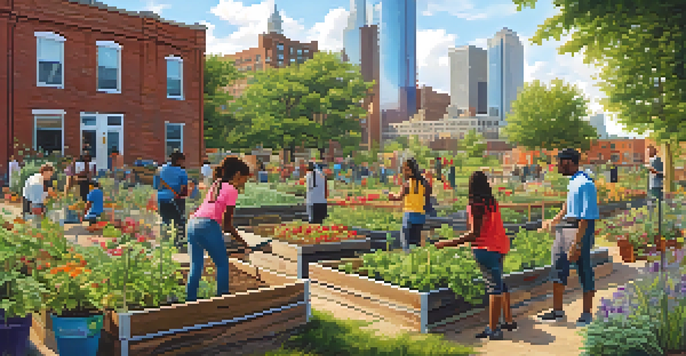 A diverse group of students working together in a community garden, planting flowers and vegetables with the Detroit skyline in the background.