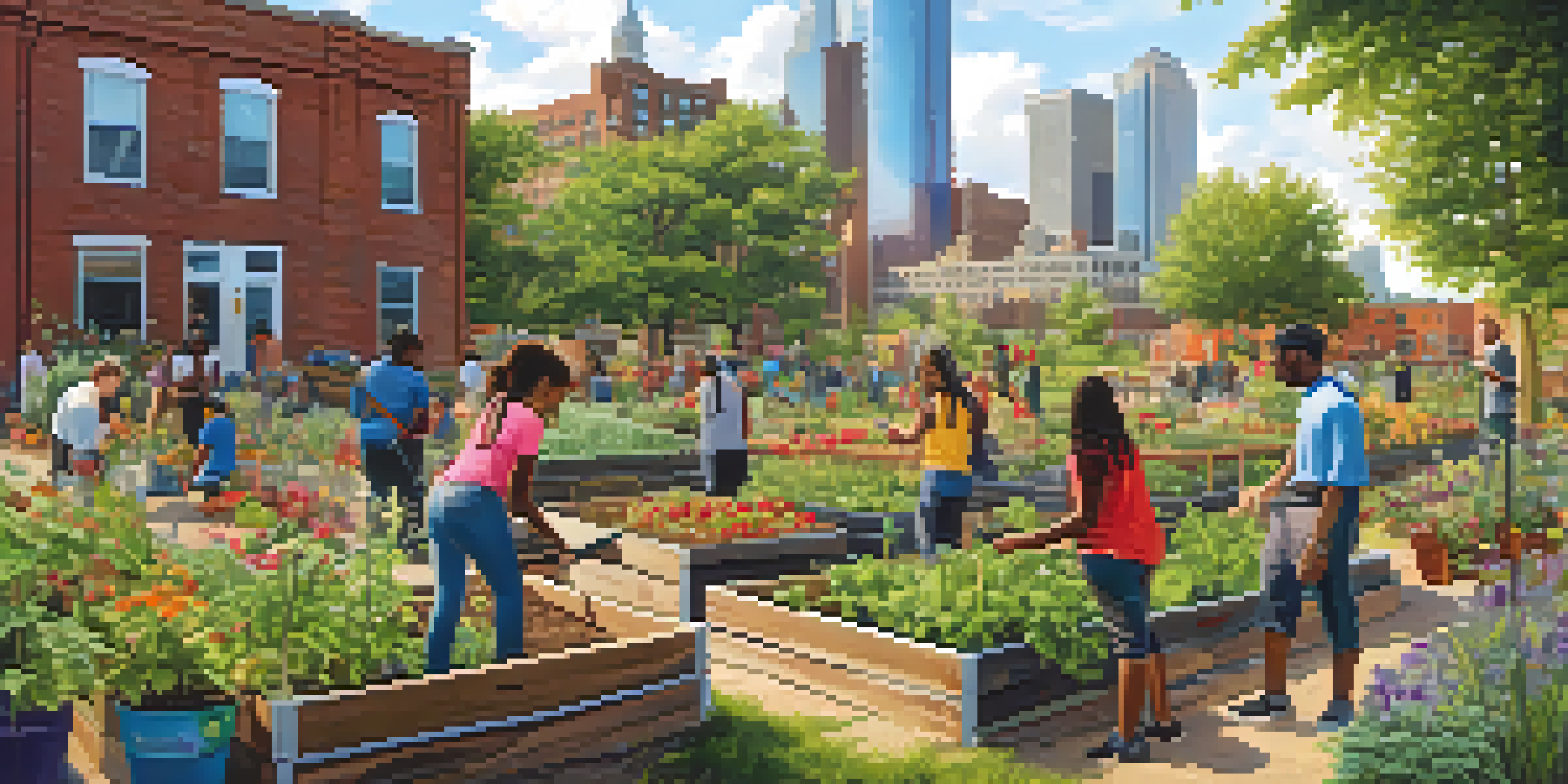 A diverse group of students working together in a community garden, planting flowers and vegetables with the Detroit skyline in the background.