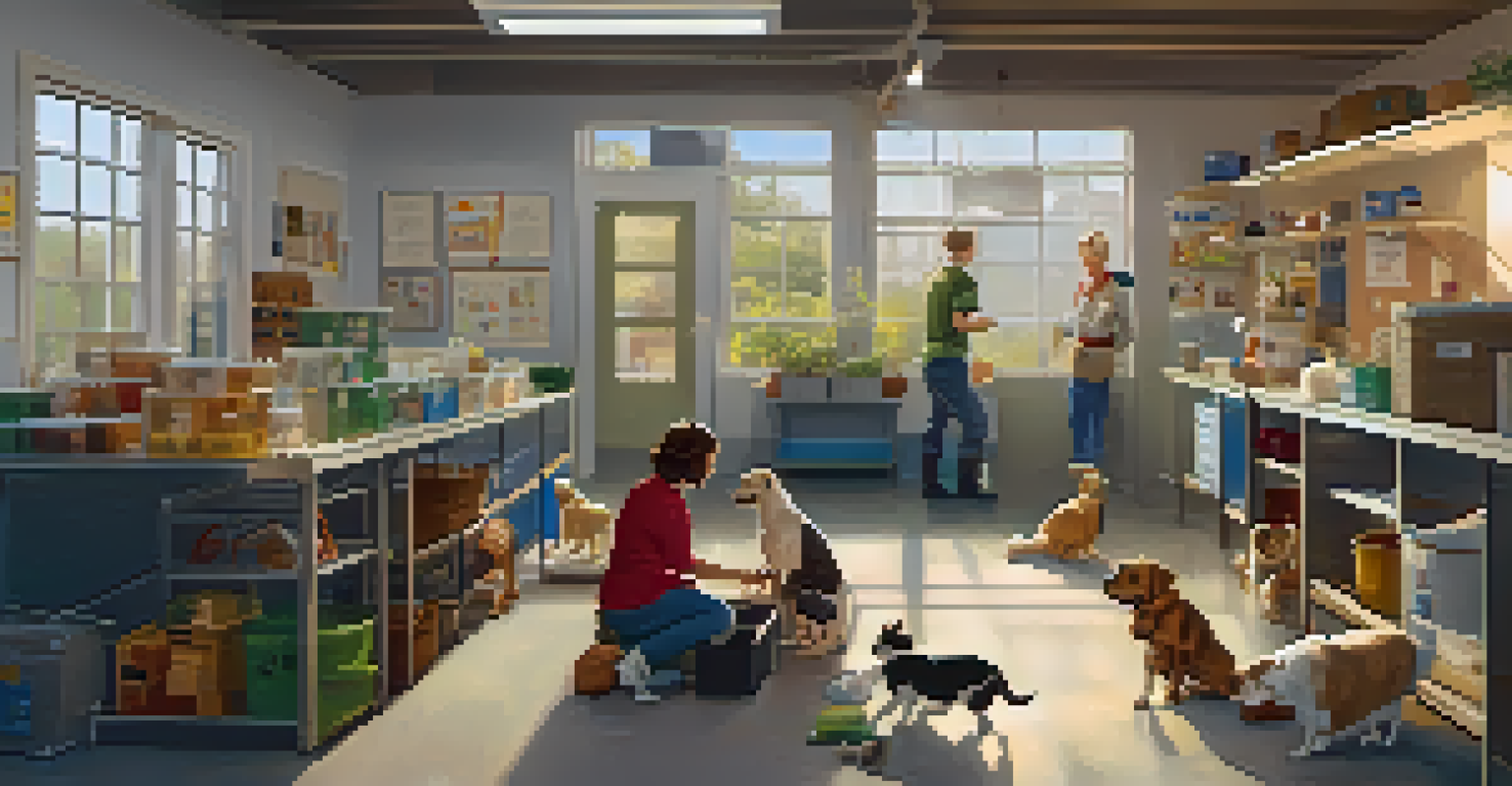 An inviting animal shelter interior where volunteers are caring for cats and dogs, creating a warm and loving environment.