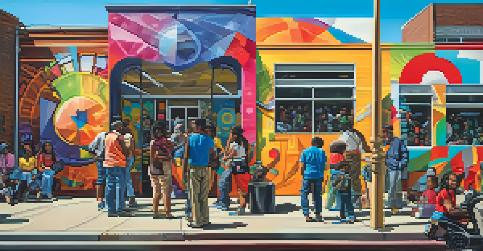 An artistic outdoor space in Detroit with colorful murals and sculptures, attracting a diverse crowd and showcasing cultural heritage.