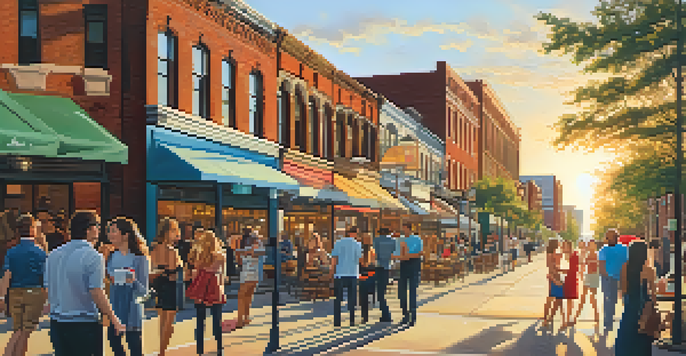 A lively street scene in Detroit's Midtown with a blend of historic and modern architecture, colorful murals, and people enjoying outdoor cafes during sunset.