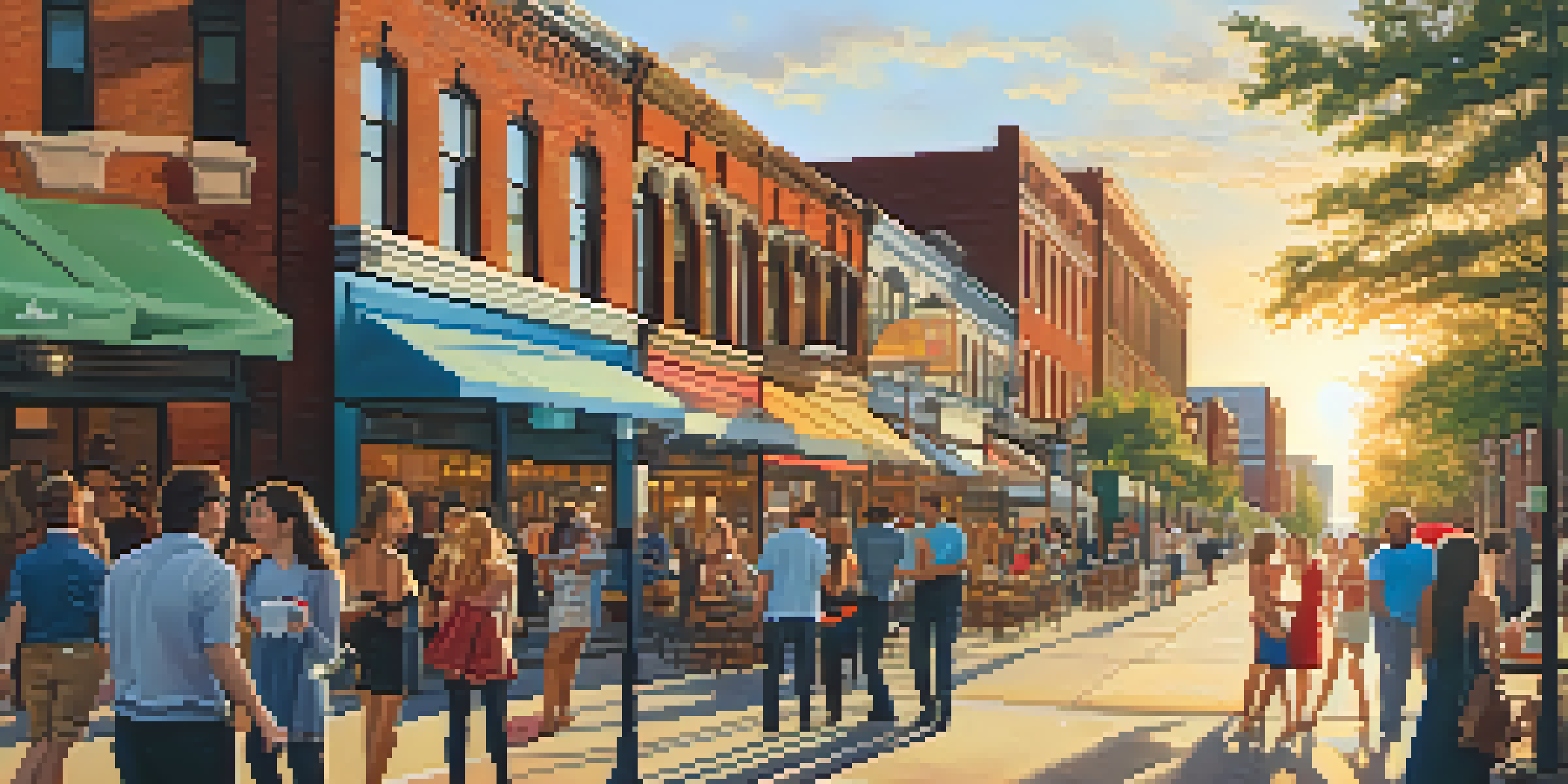 A lively street scene in Detroit's Midtown with a blend of historic and modern architecture, colorful murals, and people enjoying outdoor cafes during sunset.