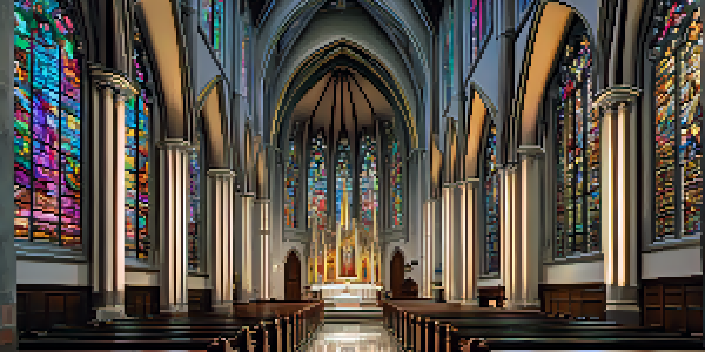 Interior of St. Joseph Church with colorful stained glass windows illuminating the pews, featuring Gothic architecture.
