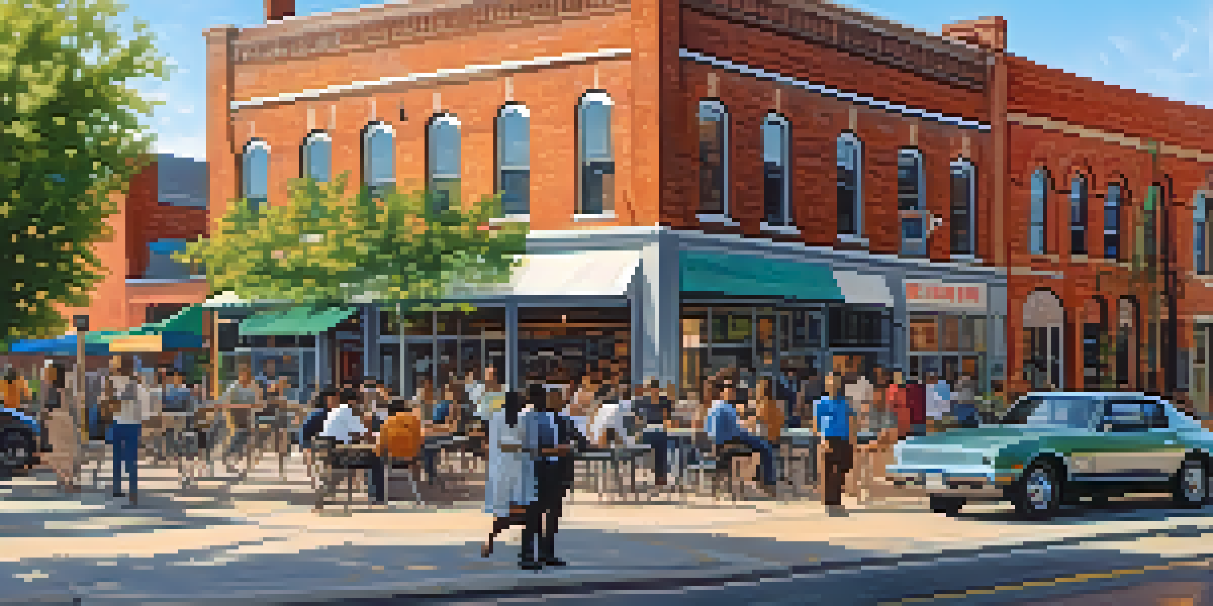 A lively urban street in Detroit with young professionals outside a café and colorful murals on buildings.
