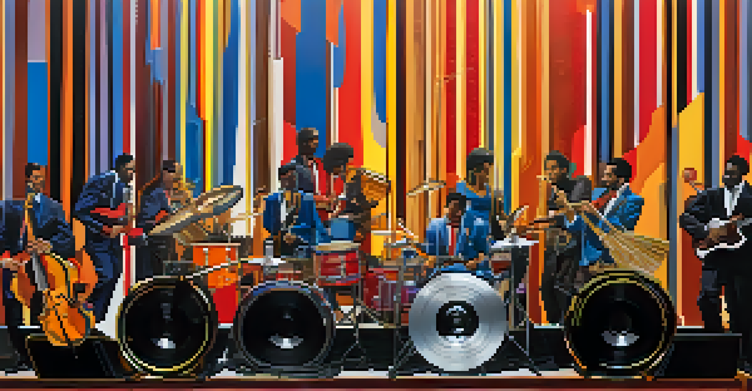 A colorful collage representing Motown's iconic sound with vinyl records, instruments, and silhouettes of famous artists.