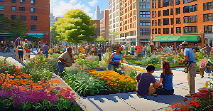 A community gardening event in a vibrant urban park in Detroit, featuring diverse residents and blooming flowers with modern buildings in the background.