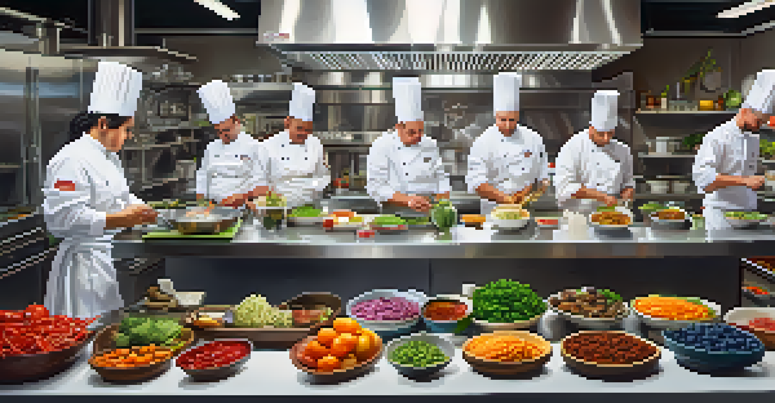 A group of chefs in a modern kitchen preparing fusion dishes, with fresh ingredients and colorful food displayed around them.