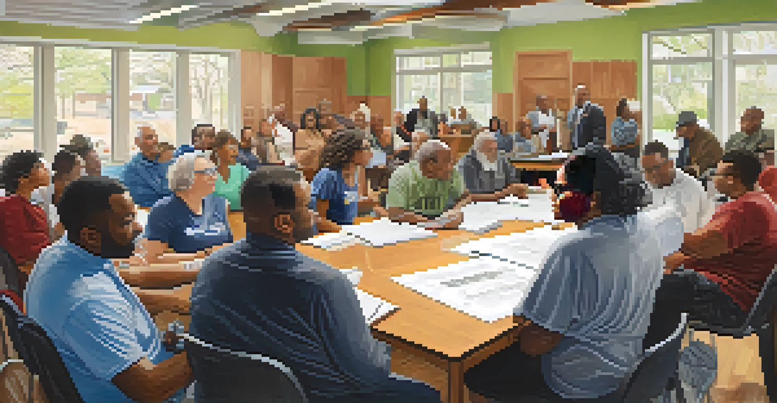Residents of a Detroit neighborhood gathered in a bright room, discussing revitalization plans with blueprints on the table, showcasing collaboration.