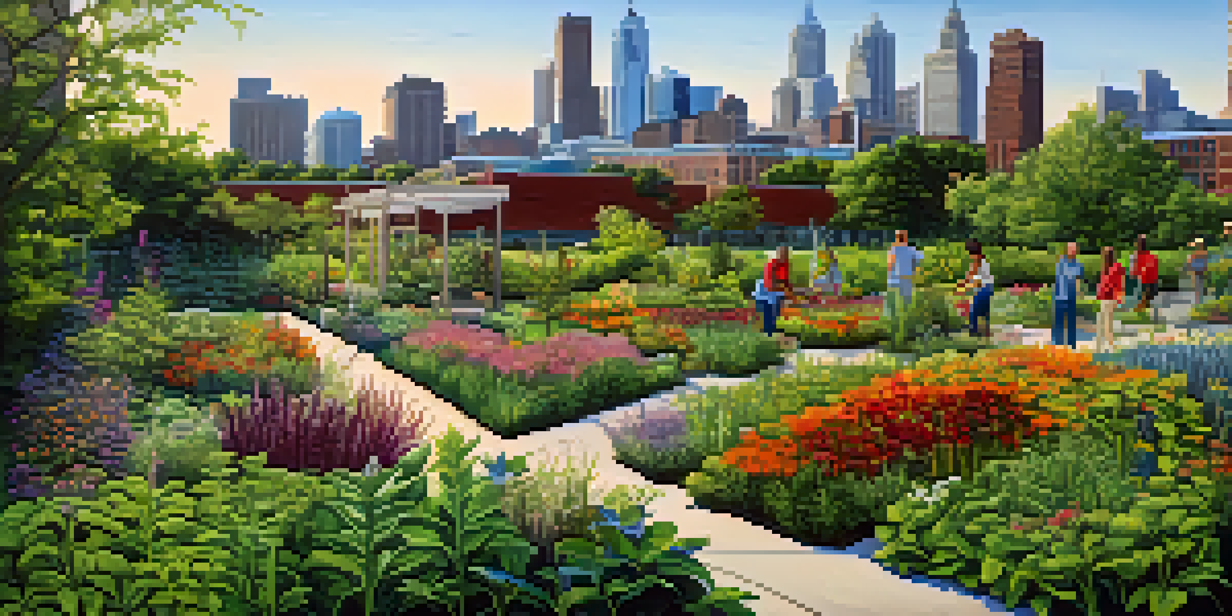 An urban park in Detroit with blooming flowers, a community garden, and the city skyline in the background on a sunny day.