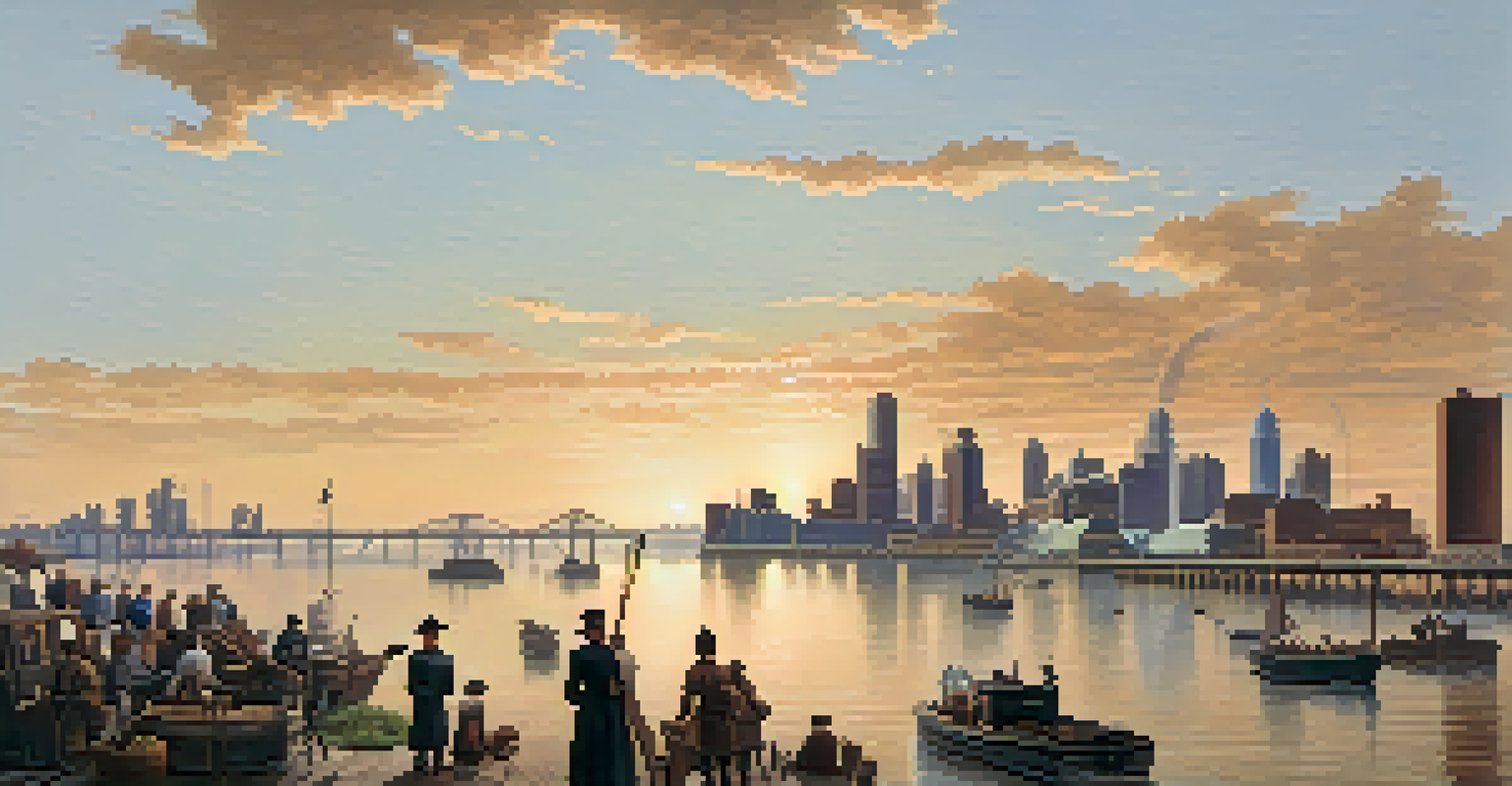 A peaceful post-war view of Detroit, showcasing a bustling city with settlers and the Great Lakes in the background under a bright sky.