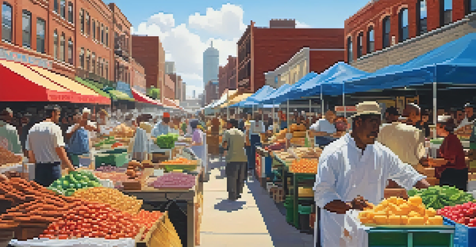 A lively street market in Detroit with diverse food stalls filled with colorful ingredients and spices, people sampling food under a clear blue sky.