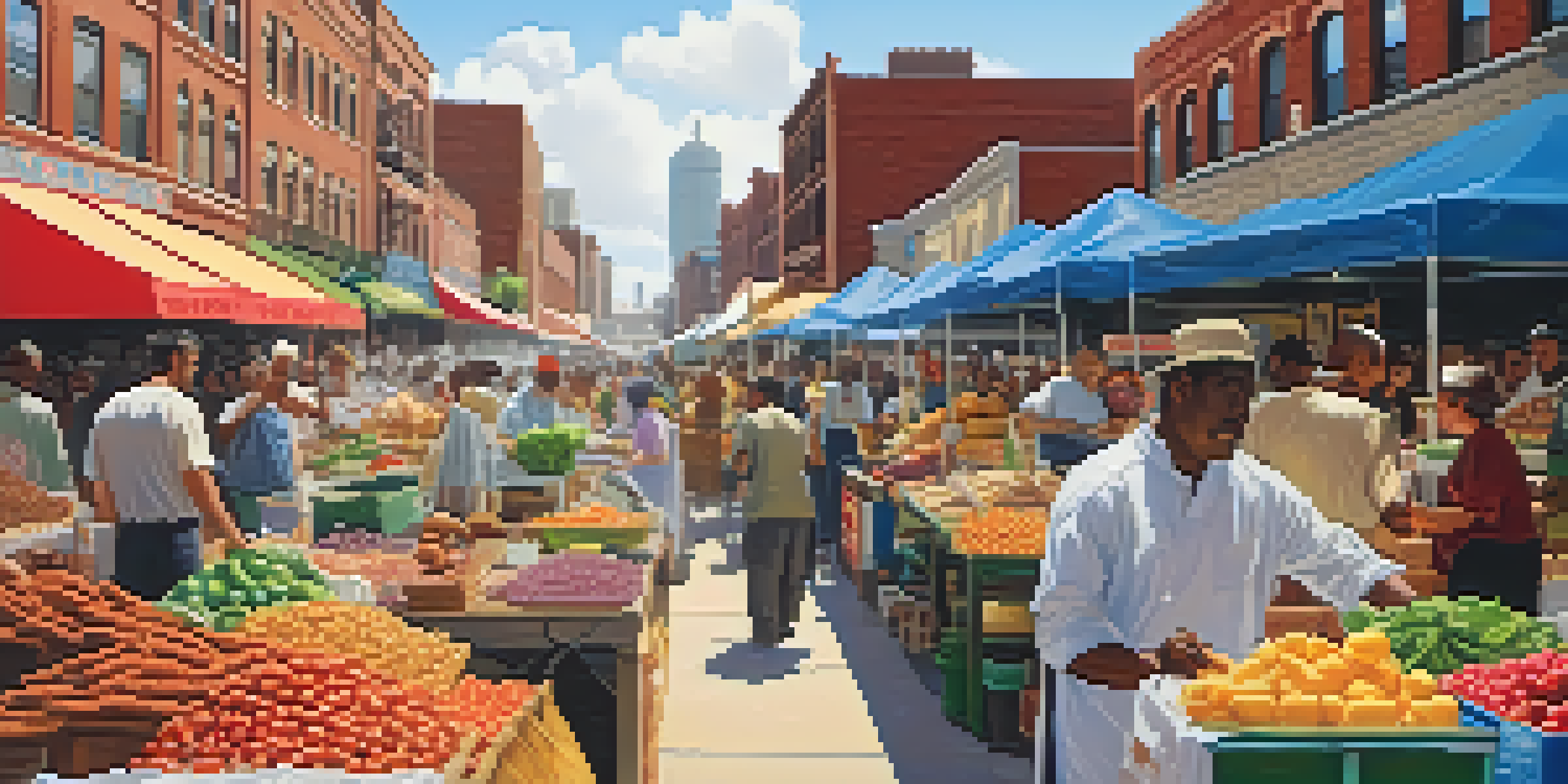 A lively street market in Detroit with diverse food stalls filled with colorful ingredients and spices, people sampling food under a clear blue sky.