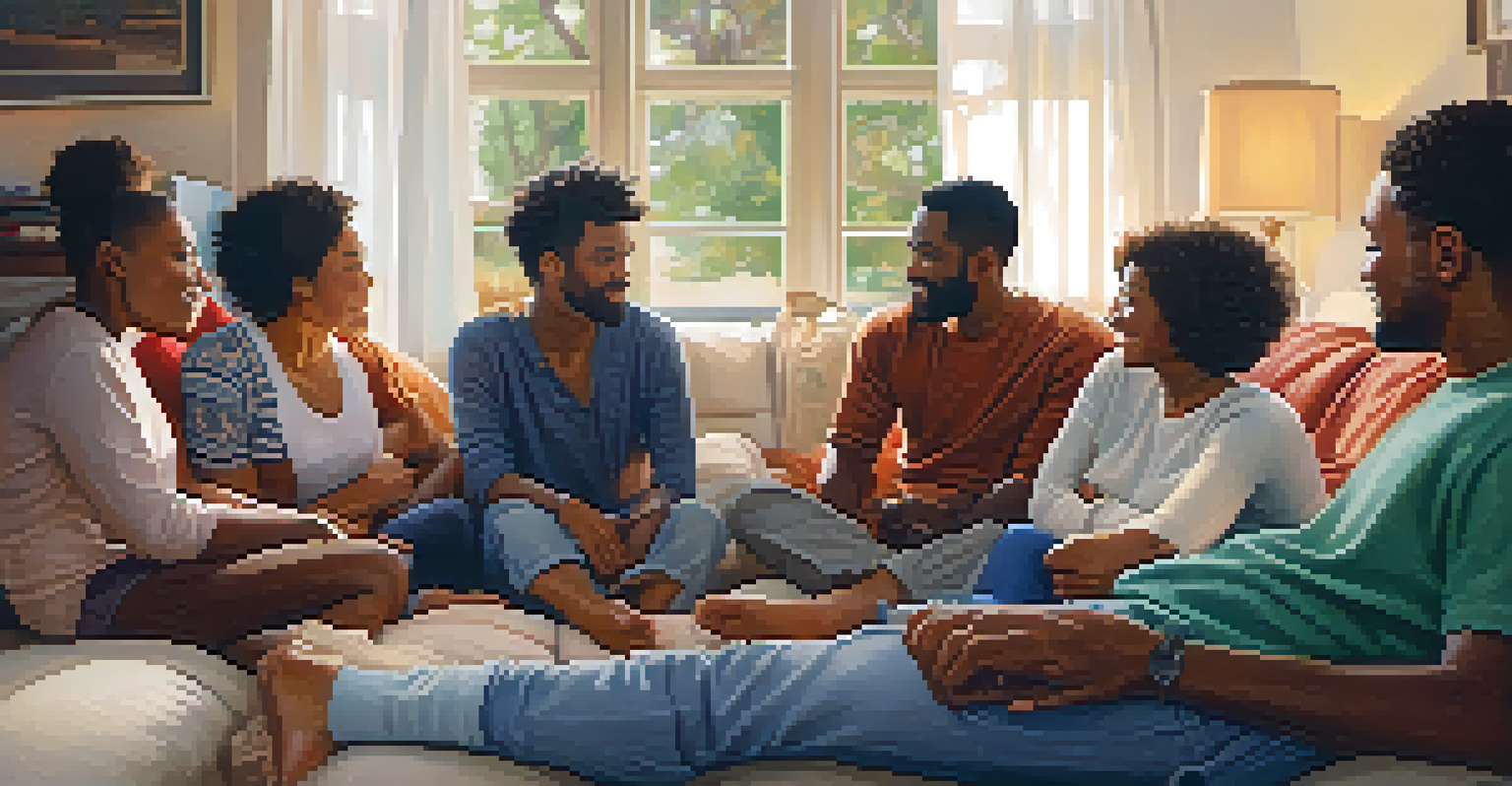 A diverse group of people sitting in a supportive circle, sharing experiences in a cozy, well-lit room.