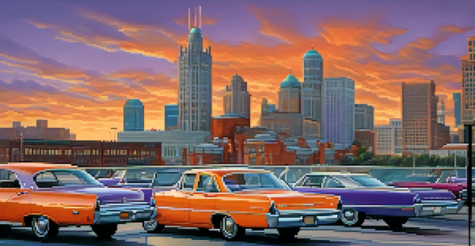 A sunset view of Detroit's skyline featuring classic cars and vibrant colors in the sky.