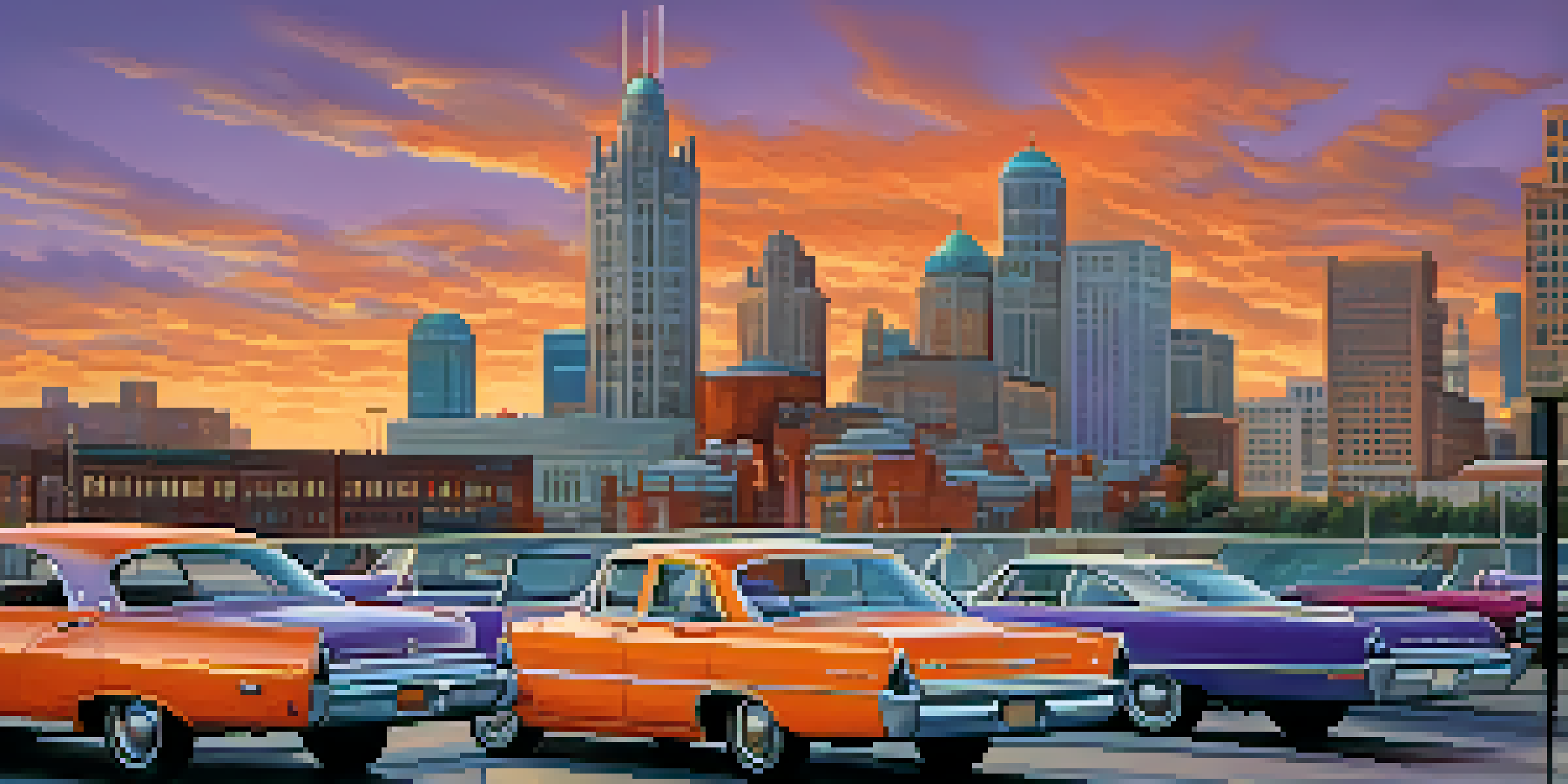 A sunset view of Detroit's skyline featuring classic cars and vibrant colors in the sky.