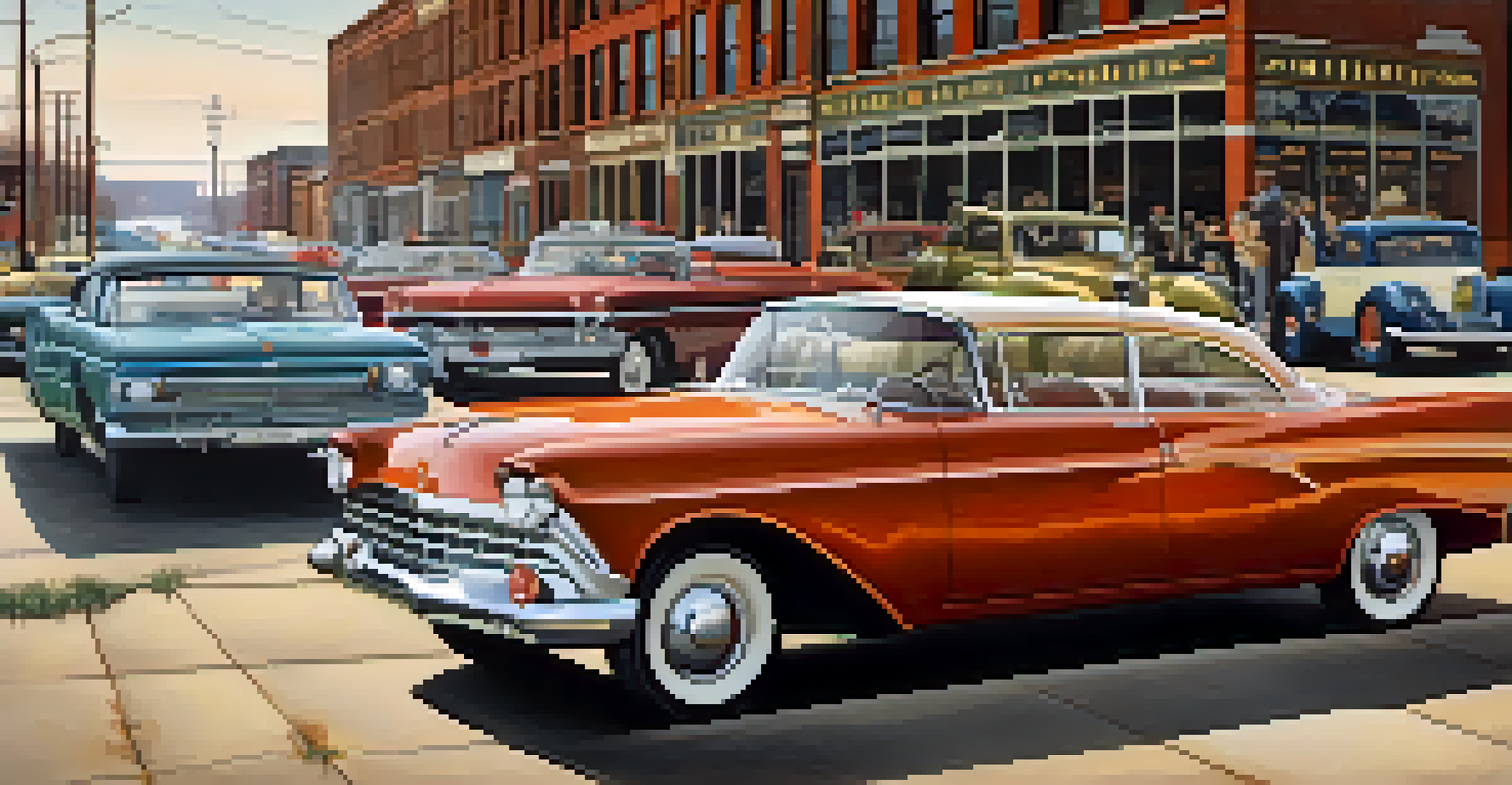 A creative timeline showcasing the evolution of the automobile industry in Detroit, featuring iconic cars and historical factory images in a textured collage.