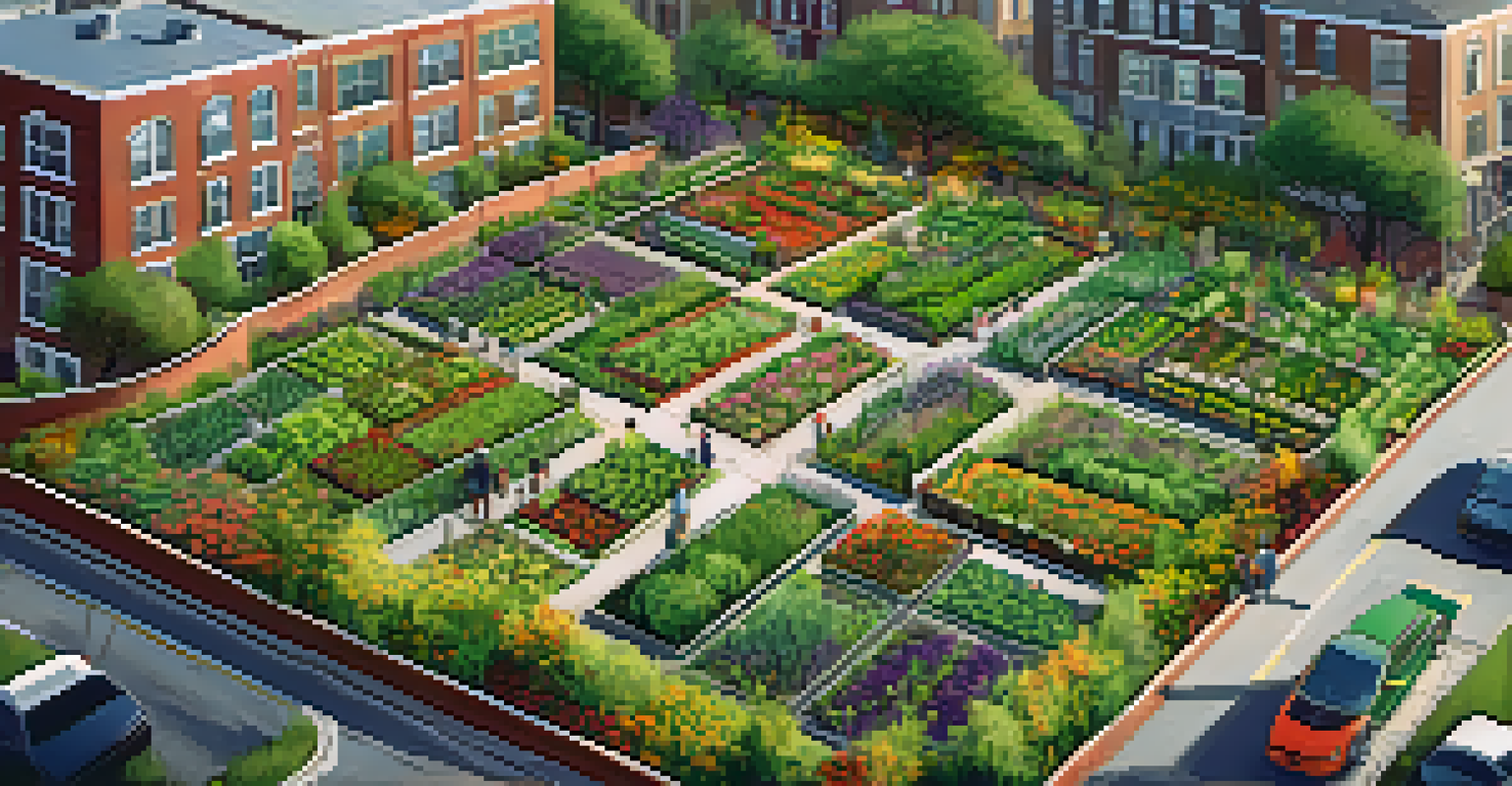 Aerial view of a thriving community garden in Detroit, with organized plots of colorful plants and community members harvesting crops.