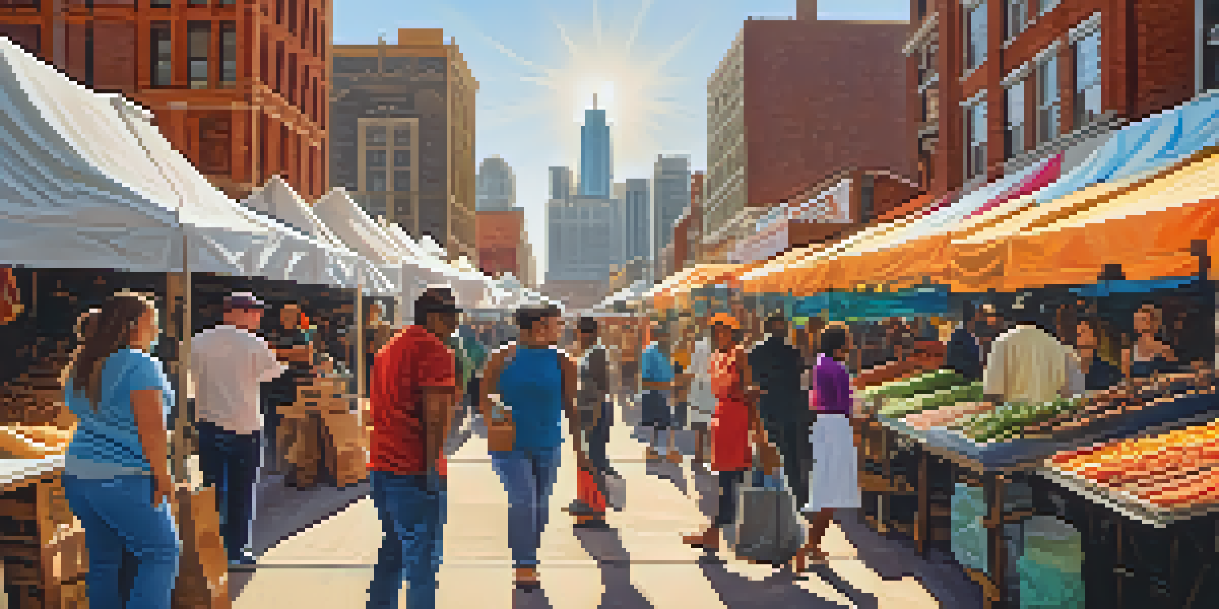 A bustling outdoor market in Detroit with stalls selling handmade crafts and food, featuring a diverse crowd of people and the Detroit skyline in the background.