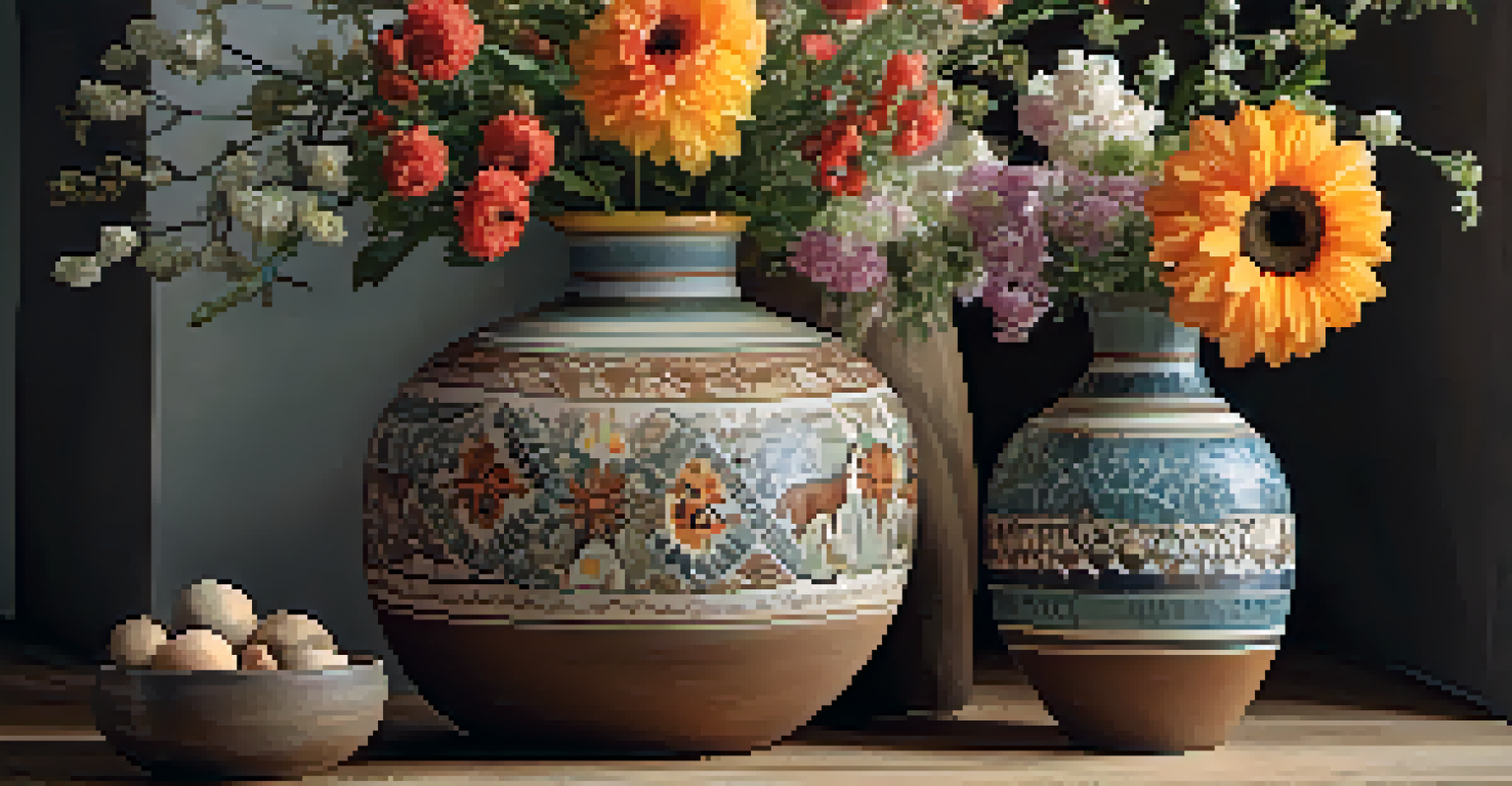 A ceramic vase with natural designs surrounded by fresh flowers on a wooden table, highlighting its texture and colors.