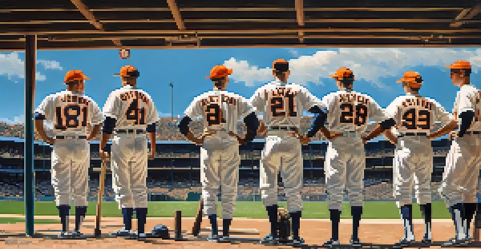 A vintage baseball game at Tiger Stadium with fans in Detroit Tigers gear and a sunny sky.