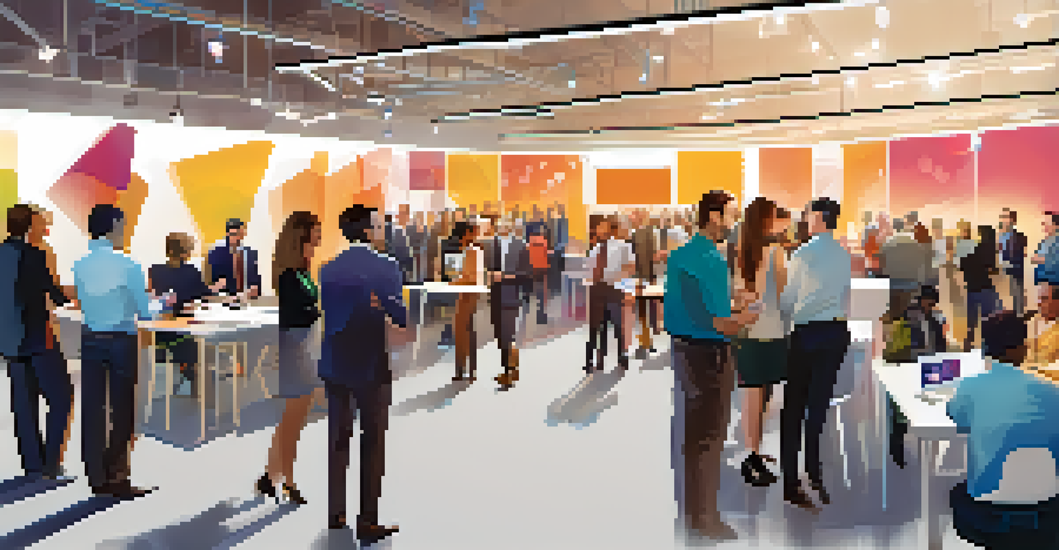 People networking and socializing at a tech incubator event, with colorful banners and ambient lighting around them.