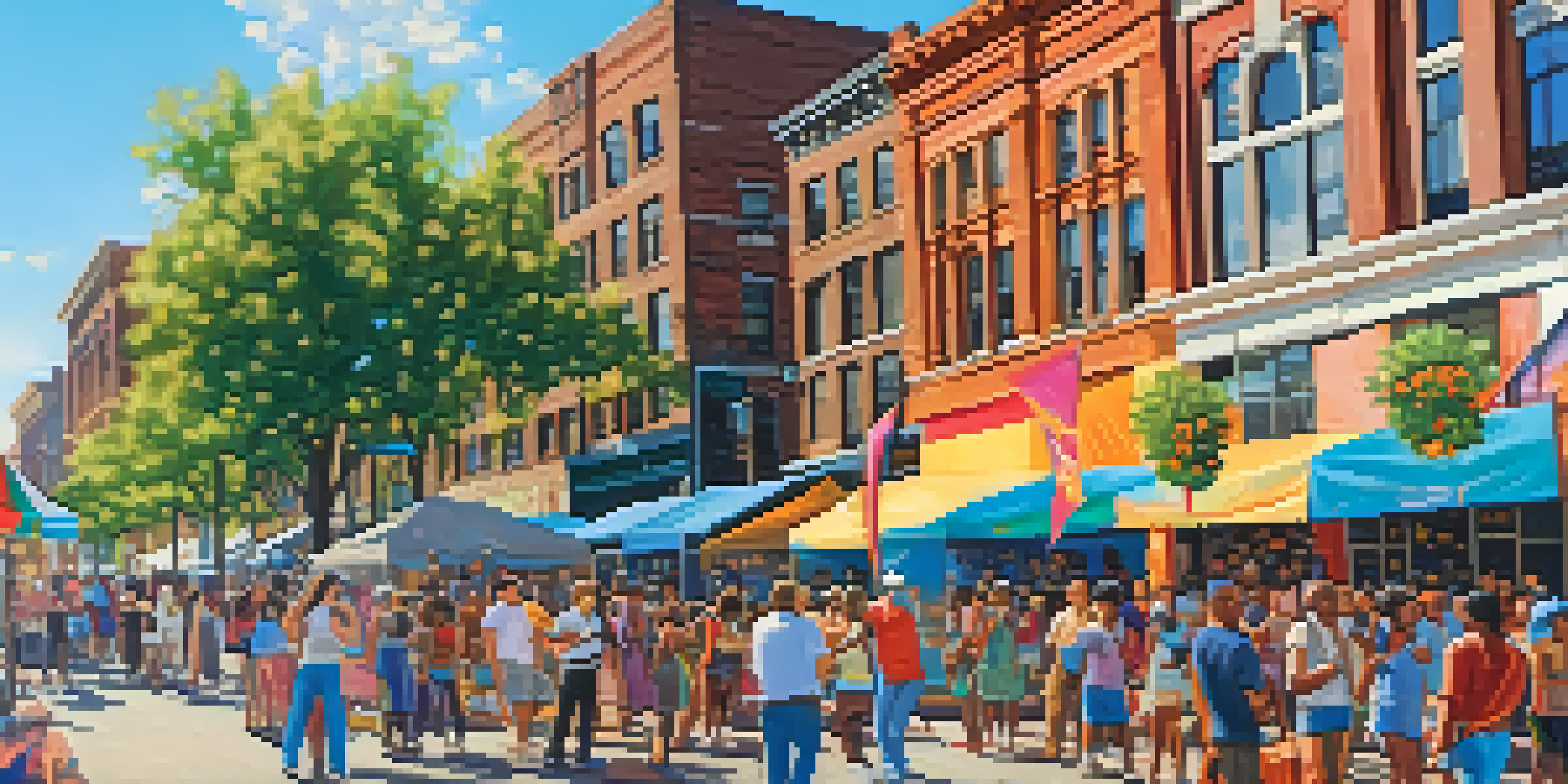 A colorful outdoor cultural festival in Detroit with a diverse crowd enjoying art and festivities amidst historic architecture.