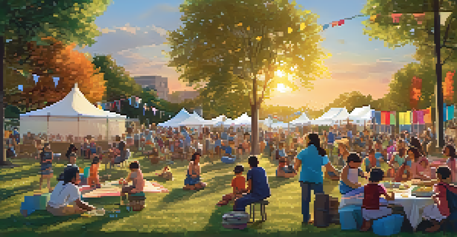 A community event in a park with colorful banners, diverse groups enjoying food and music, children playing, and a sunset creating a lively atmosphere.