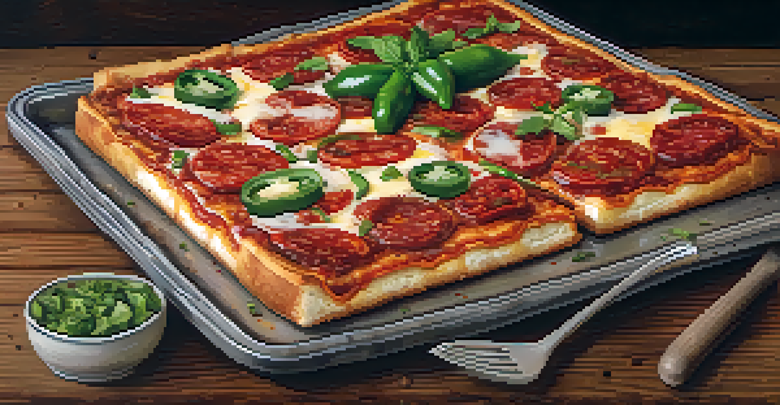 A close-up of a plate of Detroit-style pizza garnished with fresh ingredients, set on a rustic wooden table.