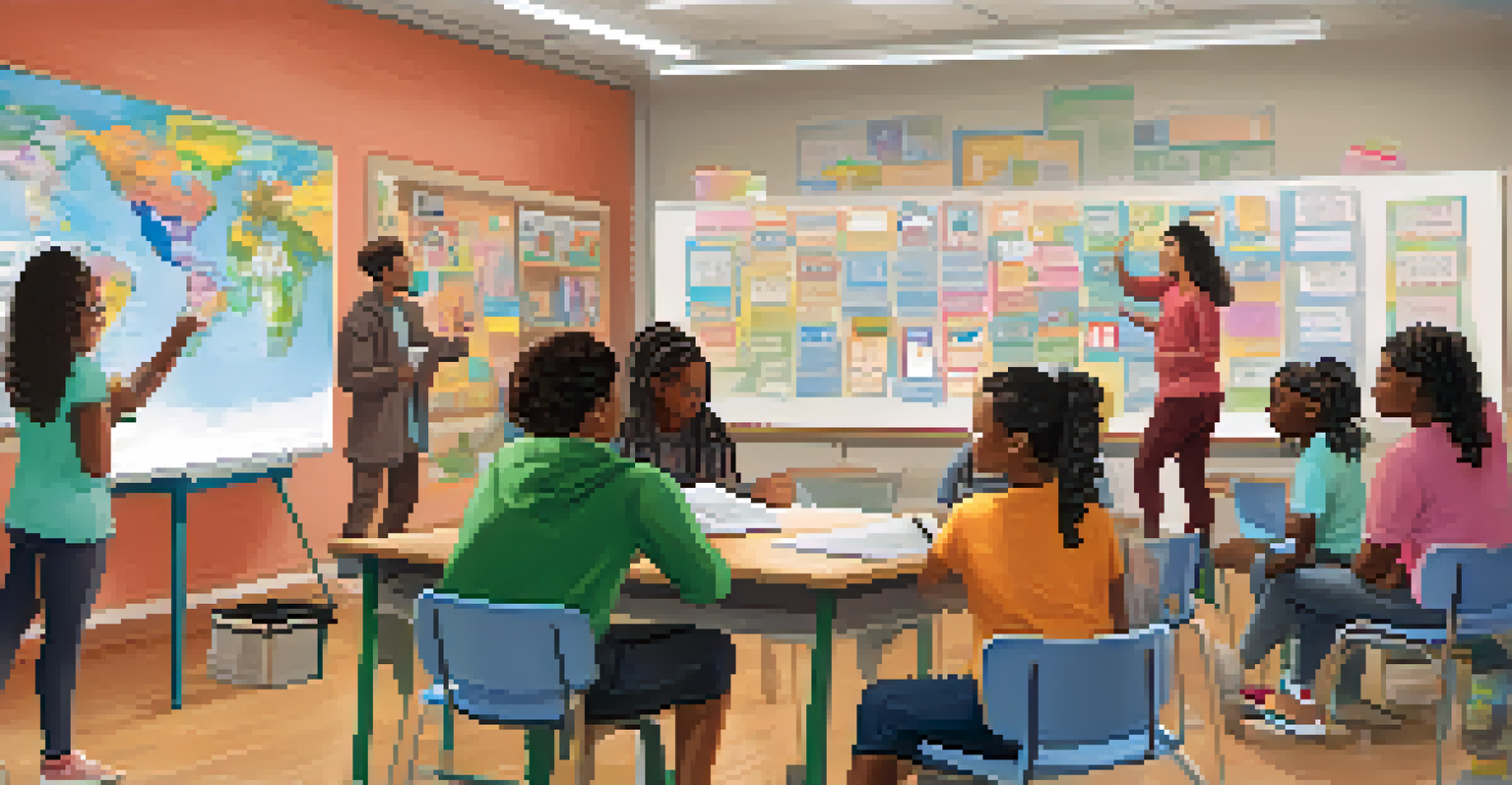 A classroom in Detroit with students participating in a workshop about equity and inclusion, featuring a teacher at a whiteboard.