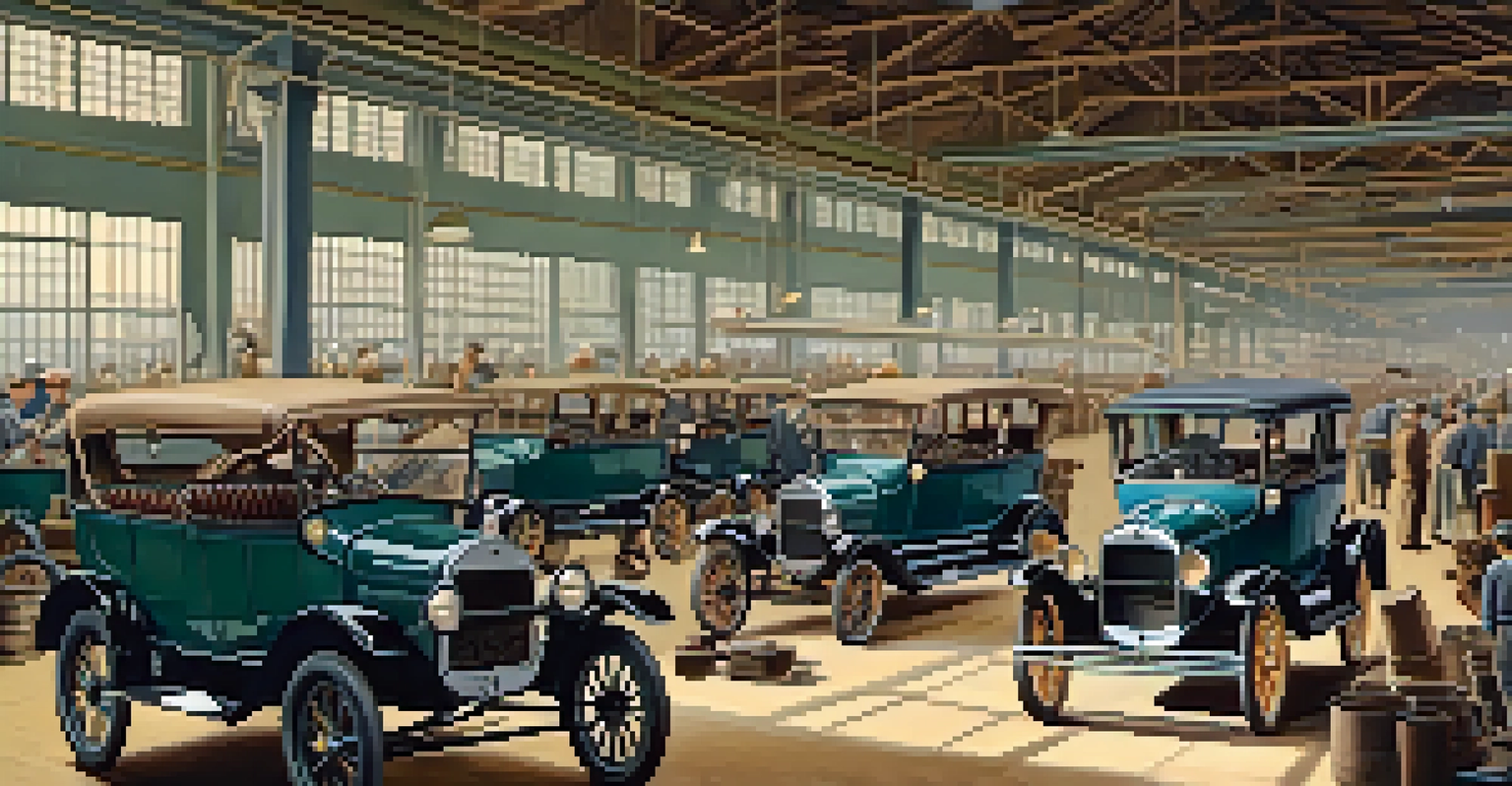 A historical view of a vintage Ford assembly line with workers assembling Model T cars.