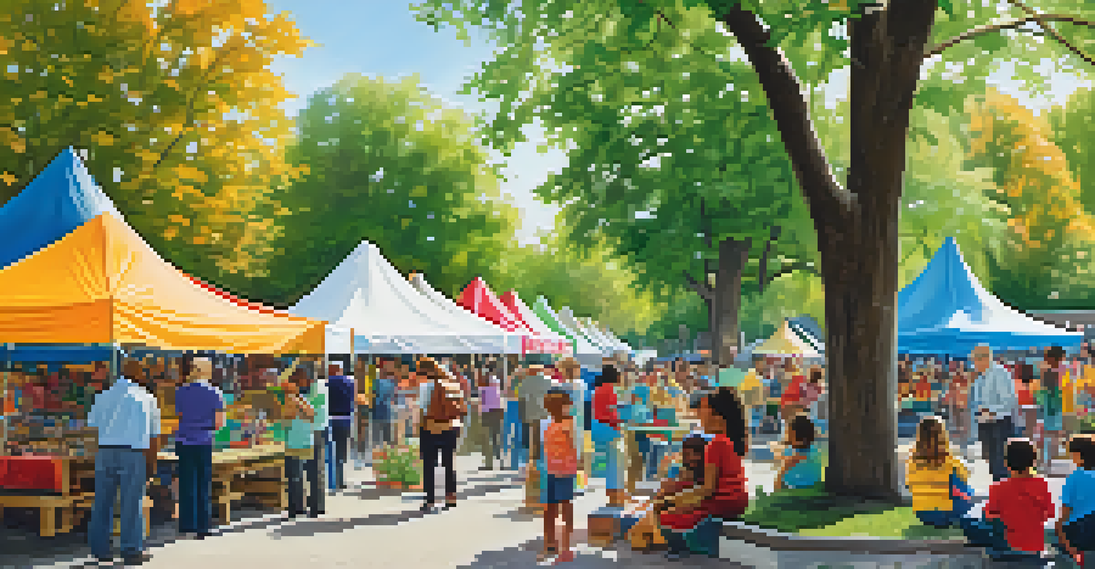 A community arts and crafts fair in a Detroit park, with colorful tents and people engaging in activities, surrounded by trees and park benches.