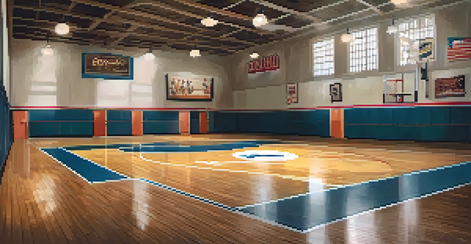 A vintage basketball court with players in 1940s-style uniforms, showcasing the history of basketball in Fort Wayne, Indiana.