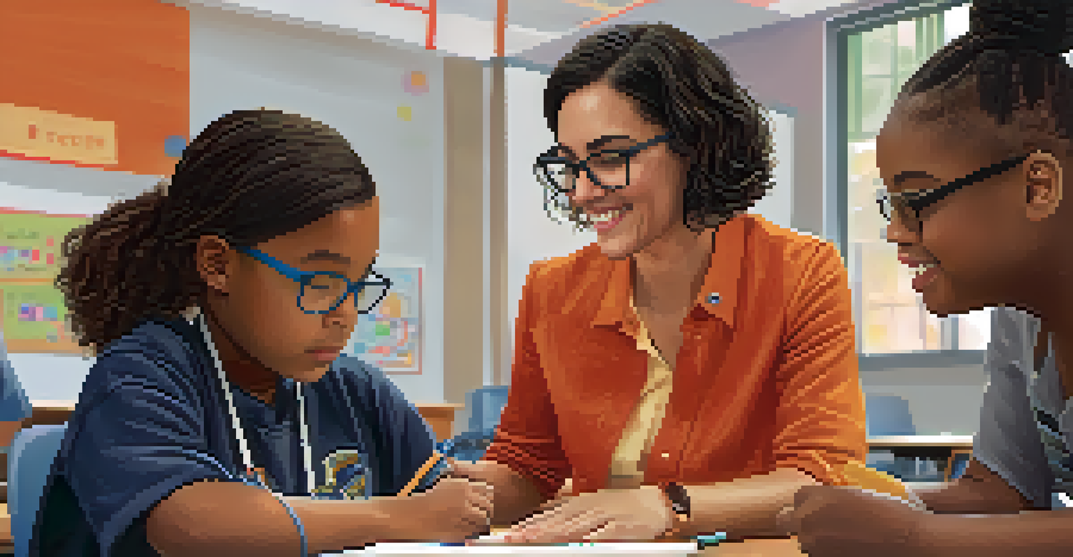 A teacher assisting a student with a tablet in a personalized learning environment, with educational materials in a warm classroom.