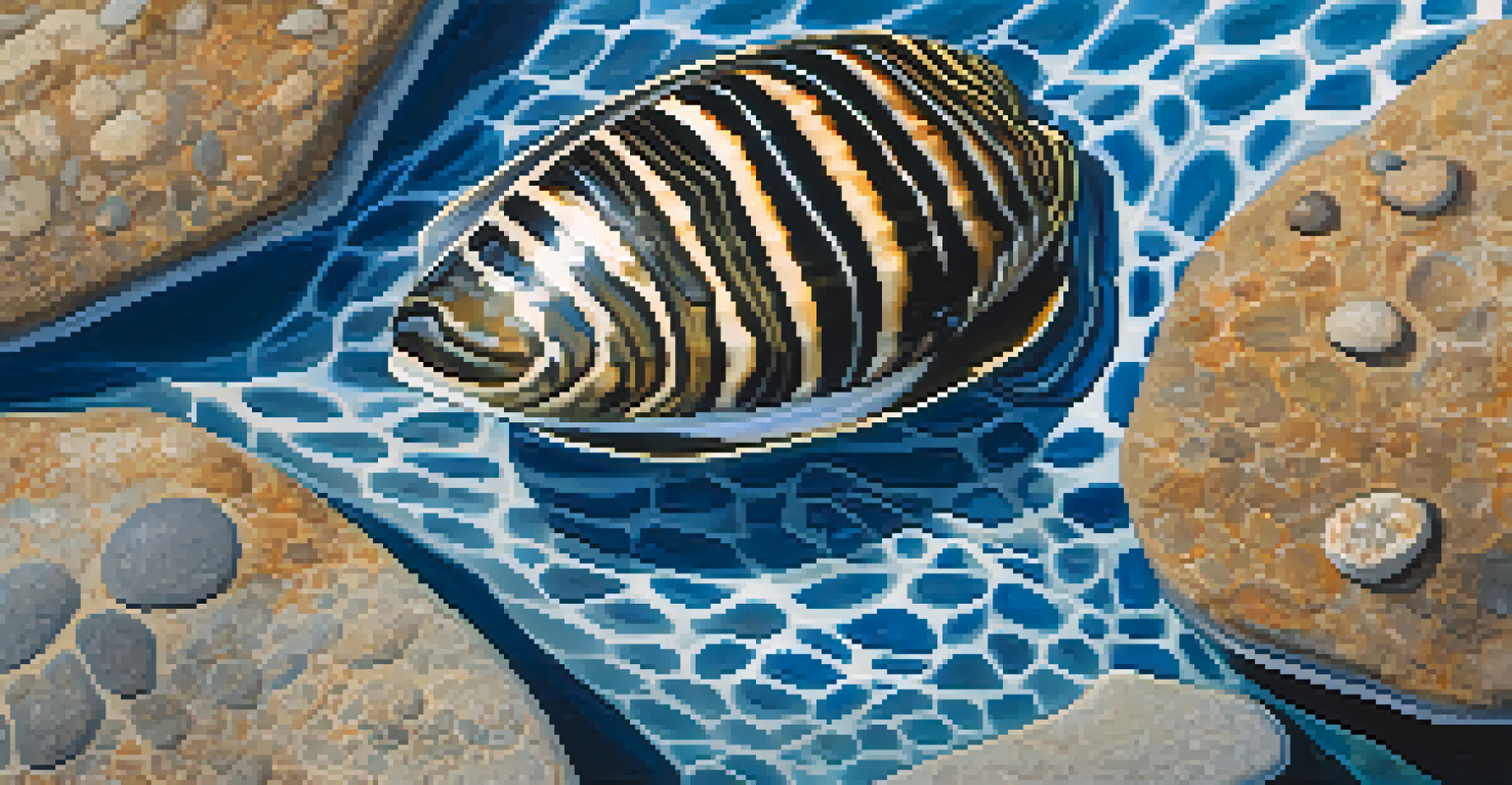 A close-up of a zebra mussel on rocks in the water, with clear blue surroundings and sunlight creating patterns.