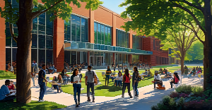 A diverse group of students engaged in discussions outside a community college in Detroit, with greenery and colorful banners.