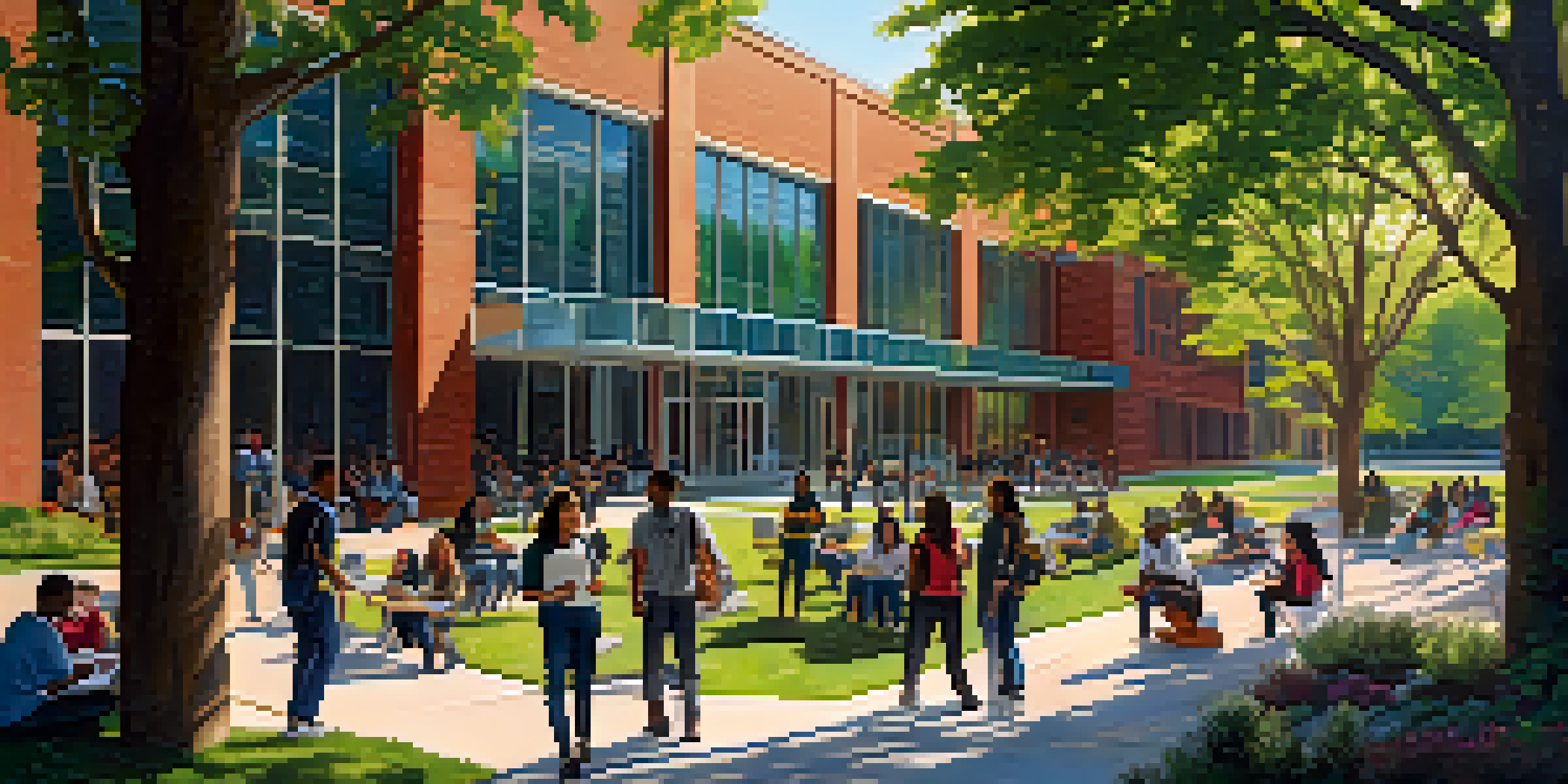 A diverse group of students engaged in discussions outside a community college in Detroit, with greenery and colorful banners.