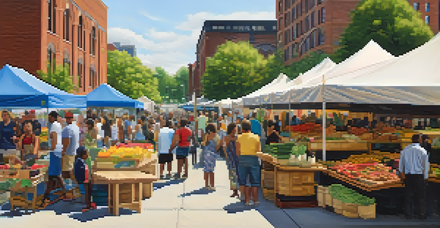 A lively outdoor market in Detroit with colorful tents, local vendors, and families enjoying live music and food in a vibrant public space.