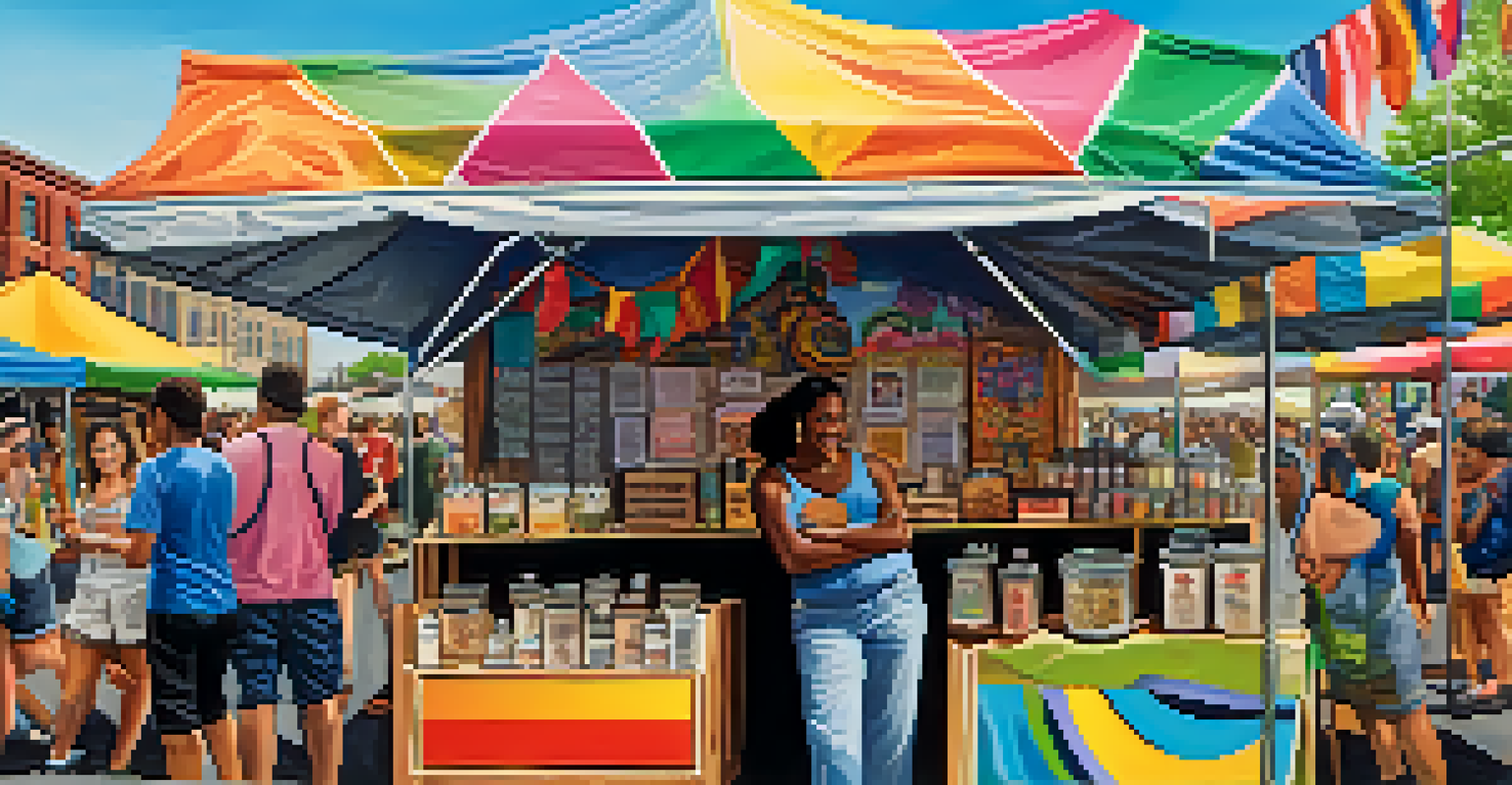 A local entrepreneur at a community festival showcasing their handmade product, with colorful decorations and festival-goers enjoying the ambiance in the background.