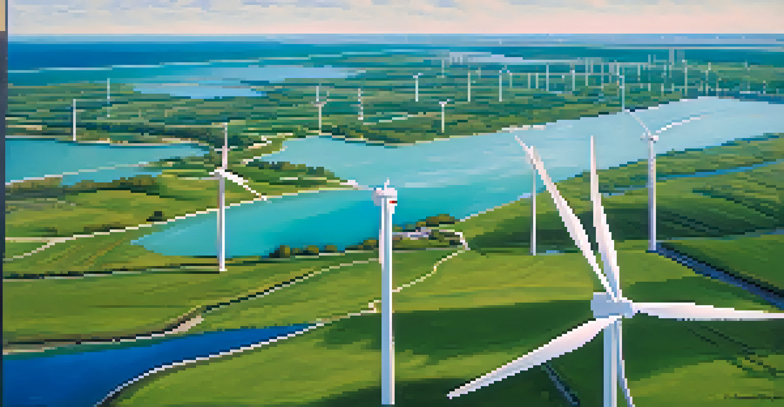 An aerial view of wind farms near the Great Lakes with the Detroit skyline in the background.