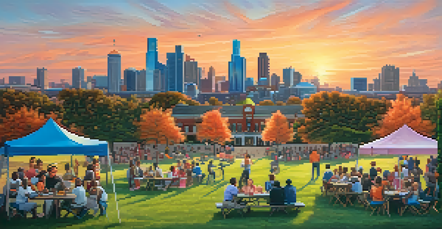 Detroit's skyline at sunset with vibrant colors, showcasing a community gathering in a park with residents enjoying a picnic.